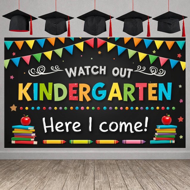 Kinder Graduation Sign Colorful Letters Kindergarten Graduation Banner Graduation Cap Design ...