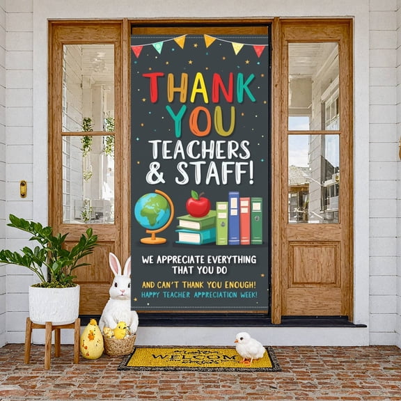Colorful Letters Thank You Banner Star Decorated Teacher Appreciation Display School Supplies Theme Globe Staff Thank You Backdrop for Teacher Appreciation Week School Events Staff Recognition