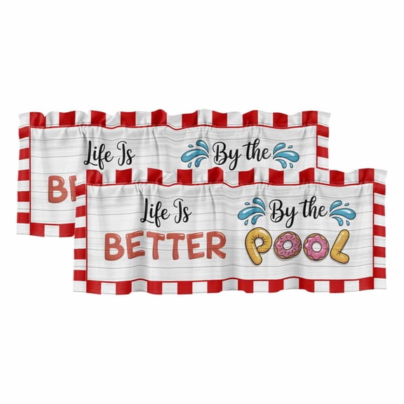 Colorful Letters Valances for Windows, Decorative Rod Pocket Window Valance Curtains, Boho Summer Swimming Circles Red Plaid Short Curtain Drapes for Kitchen/Living Room, 2 Panels, 42" W x 12" L