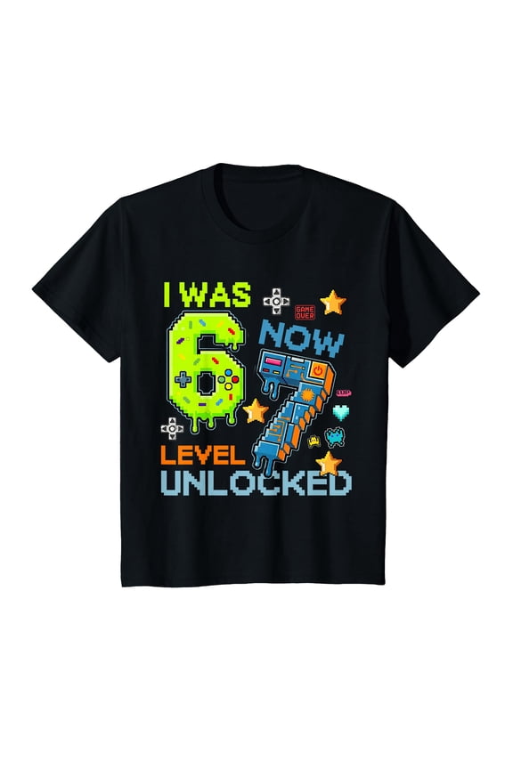 Colorful Level-Up Gaming Graphic T-Shirt for 7th Birthday Celebration