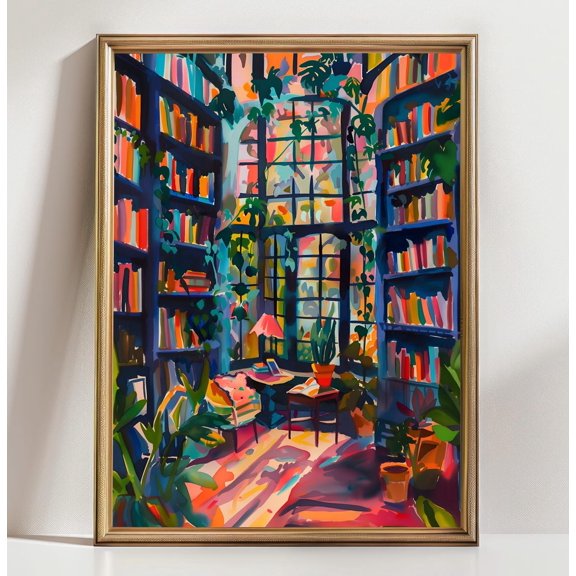 Colorful Library Reading Nook Wall Art Print Cozy Book Room With Plants Vibrant Modern Interior Decor Aesthetic Study Room