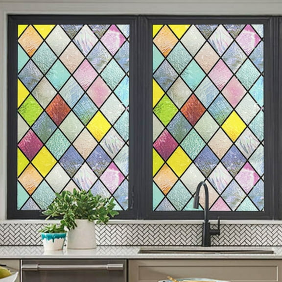 Colorful Light-Transmitting Glass Window Stickers,Heat-Insulating Diamond Grid Pattern Window Sticker,Rainbow Glass Decals Waterproof Dustproof Anti-UV Privacy Film Suit for The Bedroom Living Room