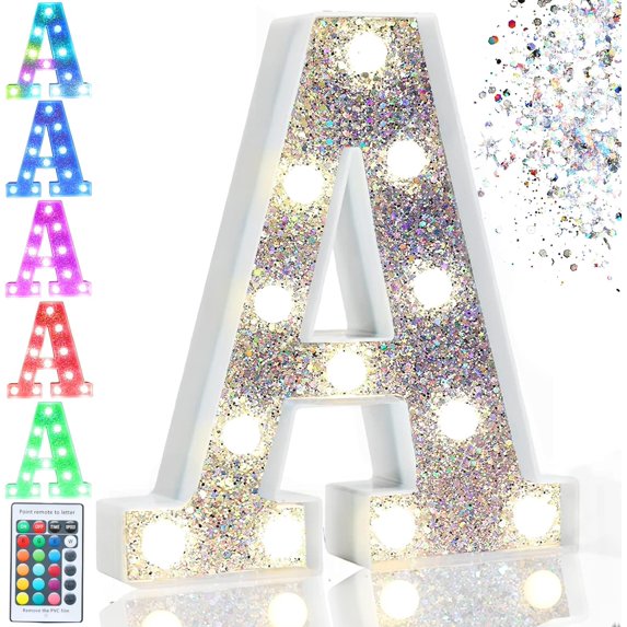 Colorful Light Up Letters, Silver LED Marquee Letter Lights Battery Operated,16 Colors Glitter Alphabet Letter Sign for Girls Birthday Party Wedding Bedroom Decoration, Letter A