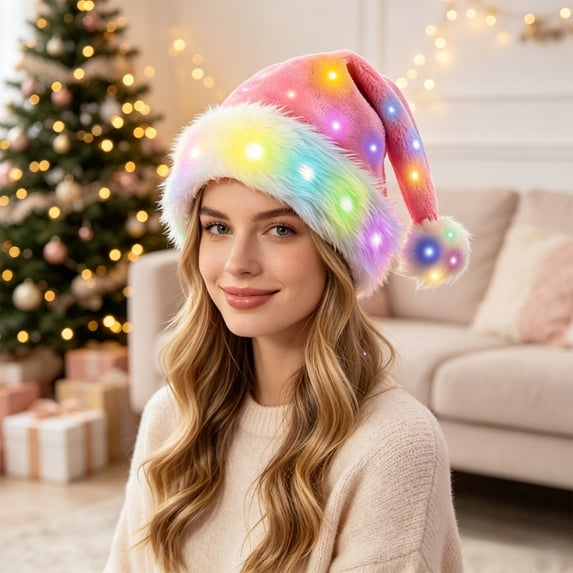 Colorful Light Up Plush Santa Hat Furry Trim Design Novelty Headwear for Christmas Holiday Party