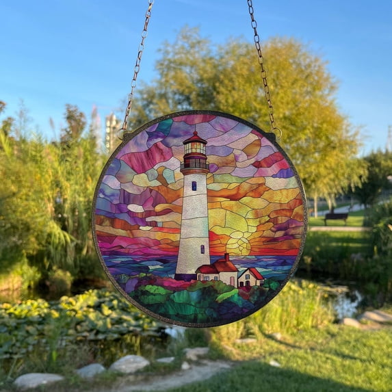 Colorful Lighthouse Glass Suncatcher v9, Seascape Window Art, Coastal Beach House Decor, 7.9 in