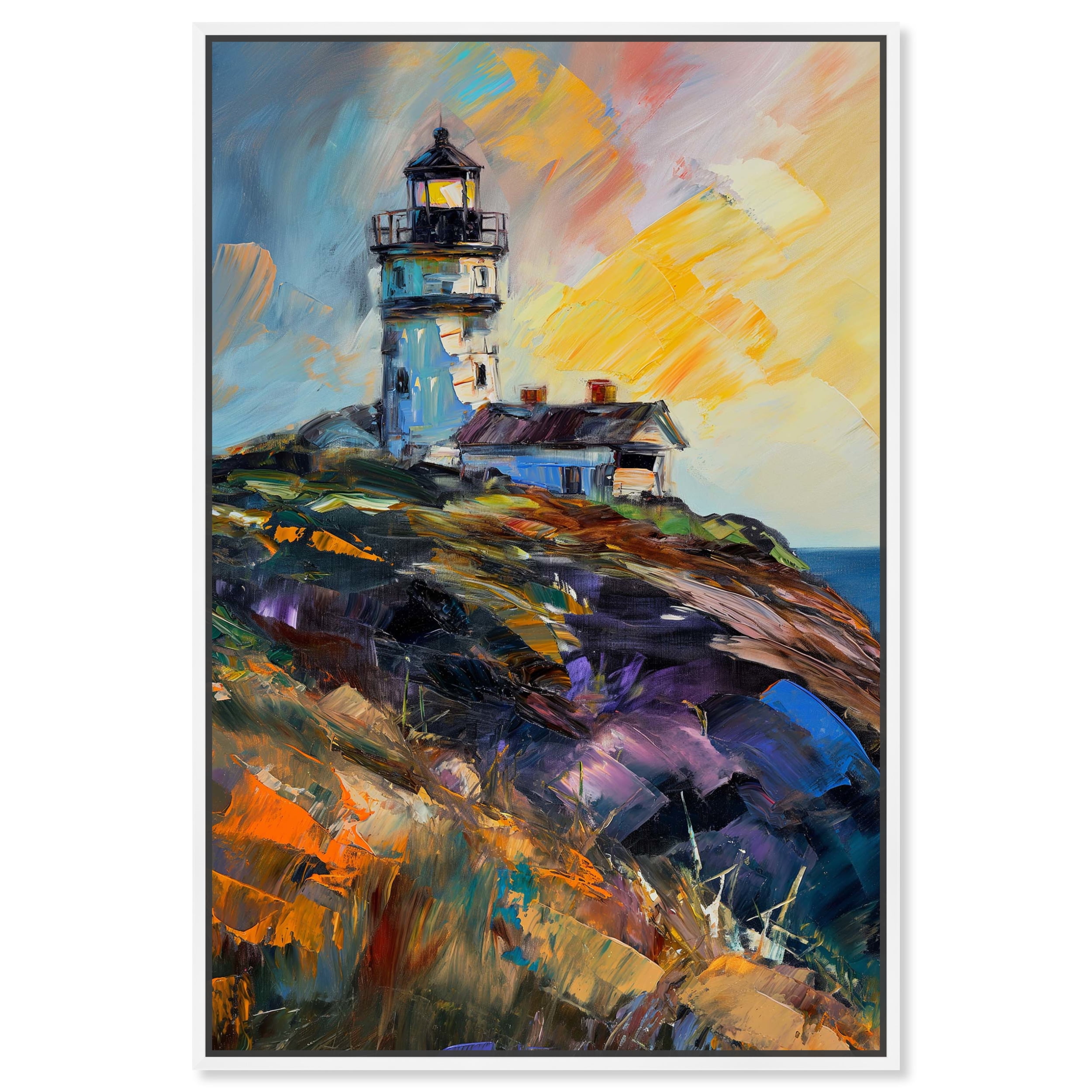 Colorful Lighthouse Impressionism Canvas Art with White Frame, 21" x 31"
