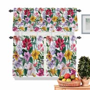 Colorful Lily Kitchen Curtains Valances 3 Piece Set, Spring Rod Pocket Tier Curtain and Valance Drapes for Small Window 24 Inch Length for Bedroom Cafe