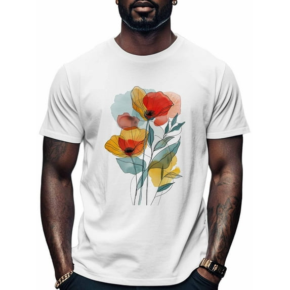 Colorful Line Art Poppy Men's T Shirts T-Shirt for Men Crew Neck Tees Cotton Tops, White, 2XL