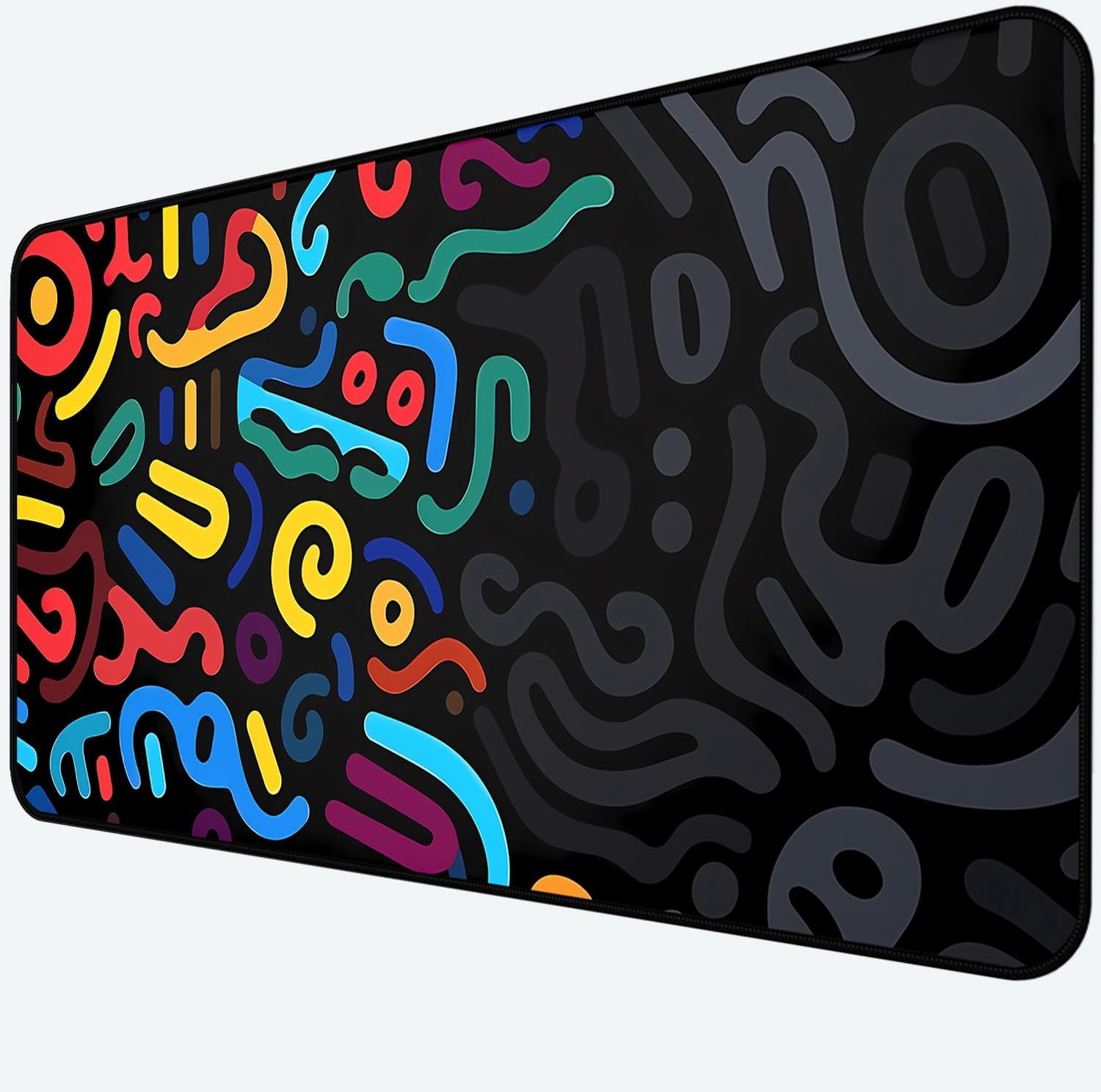 Colorful Line Desk Pad, Abstract Art Mouse Pad Mat XXL, Black Large Office Desk Keyboard Pad, with Non Slip Rubber Base and Stitched Edges Mouse Pad, Game Player's Desktop Decor 31.5"X15.7"