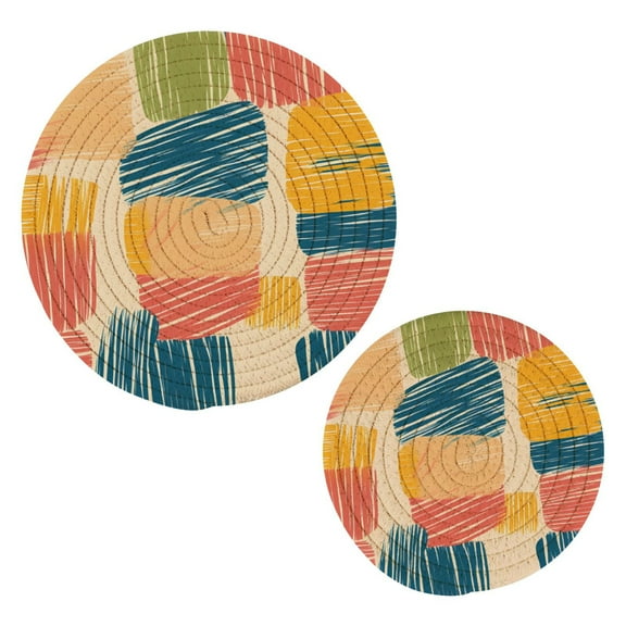 Colorful Line Doodle Squares Pot Holders Trivets Set of 2 Cotton Hot Pads Mats for Hot Dishes Pots Pans Kitchen Cooking 7" 9.5"