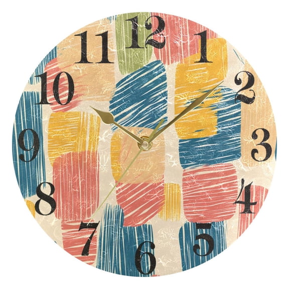 Colorful Line Doodle Squares Round Wall Clock Battery Operated Silent Non-Ticking Bedroom Office Kitchen Home School Decor 10"(Gold)
