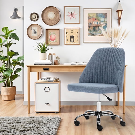 Colorful Linen Desk Chair, Comfy Thick Seat with Swivel Wheels, Armless Task Chair, Blue