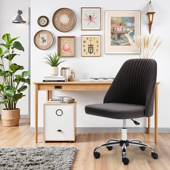Colorful Linen Desk Chair, Comfy Thick Seat with Swivel Wheels, Armless Task Chair, Dark Gray