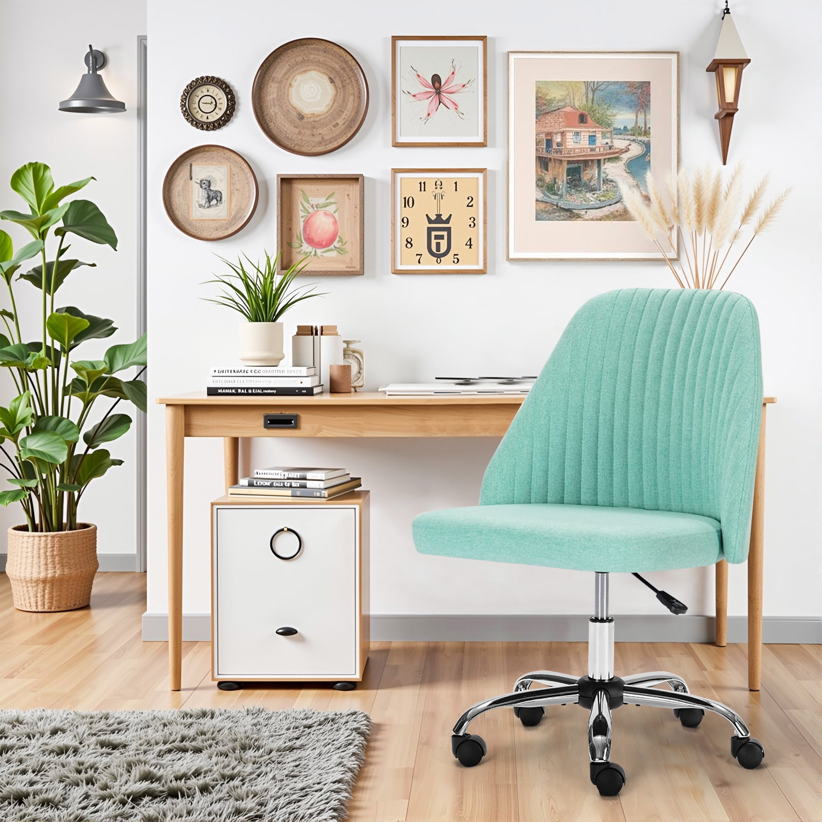 Colorful Linen Desk Chair, Comfy Thick Seat with Swivel Wheels, Armless Task Chair, Green