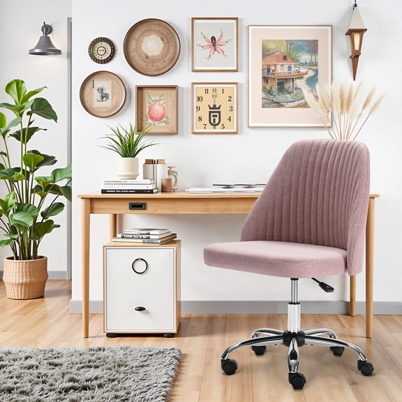 Colorful Linen Desk Chair, Comfy Thick Seat with Swivel Wheels, Armless Task Chair, Pink