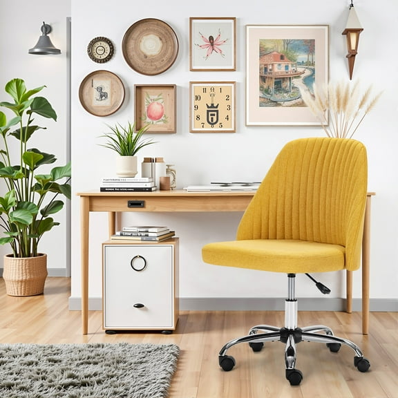 Colorful Linen Desk Chair, Comfy Thick Seat with Swivel Wheels, Armless Task Chair, Yellow
