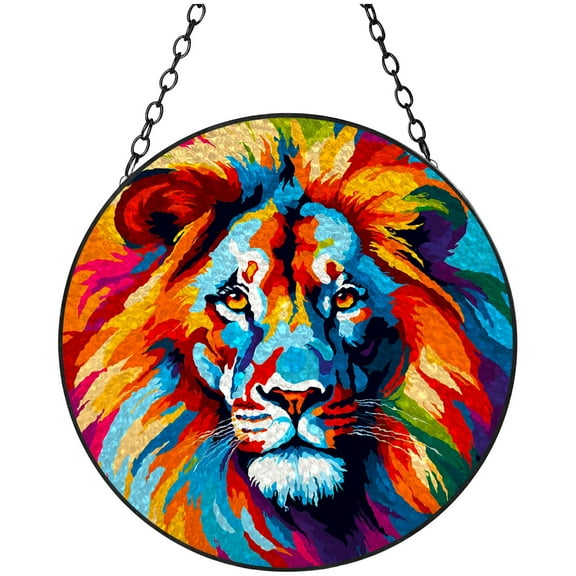 Colorful Lion Head Stained Glass Suncatcher Handmade Window Hanging Colored Glass Suncatcher Crafts Kits for Indoor Garden Decor Memorial Gift 16x16cm