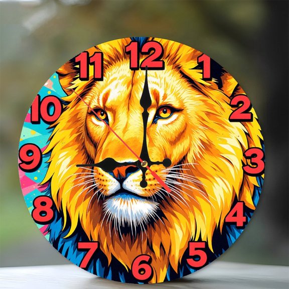 Colorful Lion Head Wall Clock Home Decor 10-Inch Silent Wooden Wall Clock, Battery Operated (AA Batteries Not Included), Artistic Home Decor