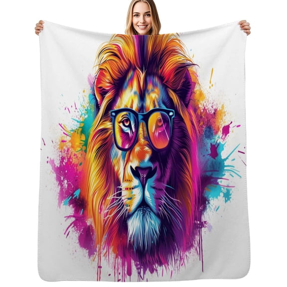 Colorful Lion with Glasses Art Flannel Blankets Soft Throw Blanket Winter Travel Office Outdoor Bedspread