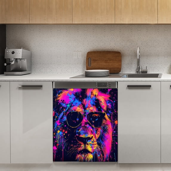 Colorful Lion with Sunglasses Art Dishwasher Magnet Cover Decorative Sticker for Home Cabinet Kitchen 23" x26"