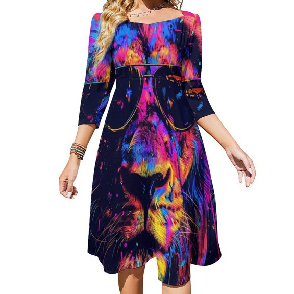Colorful Lion with Sunglasses Art Womens Summer Dress Tie Back A Line Flare Dress