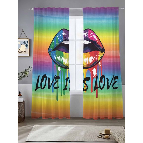Colorful Lip Rainbow Color Ombre Chiffon Sheer Curtains 84 Inches Long Black Love Quote on Gradient Rod Pocket Window Curtains Voile Drapes Curtains for Living Room Bedroom,2 Panels
