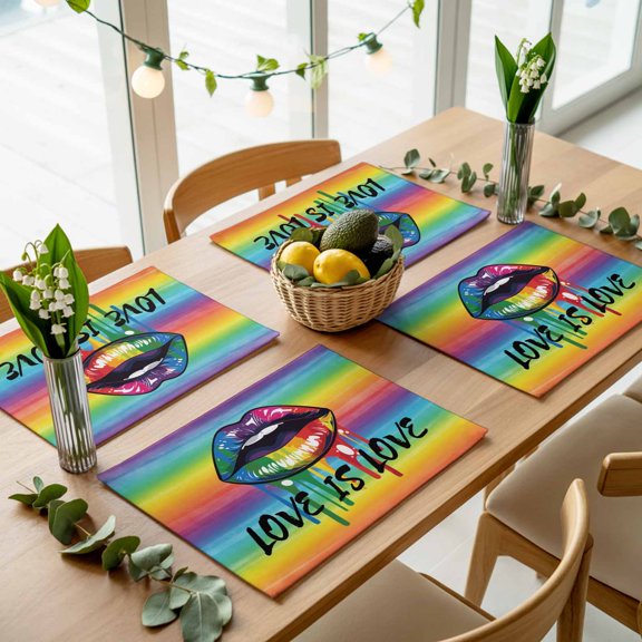 Colorful Lip Rainbow Color Ombre Placemats Set of 4,Wipeable Washable Table Mats for Dining Tables, Black Love Quote on Gradient Place Mats for Kitchen Event Party Tabletop Decor