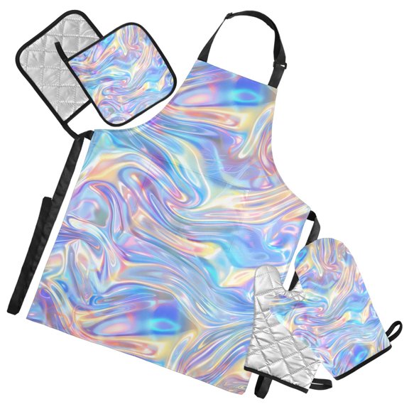 Colorful Liquid Marble 5 Pcs Kitchen Set Heat Resistant Oven Mitts and Non-Slip Pot Holders with Adjustable Cooking Apron