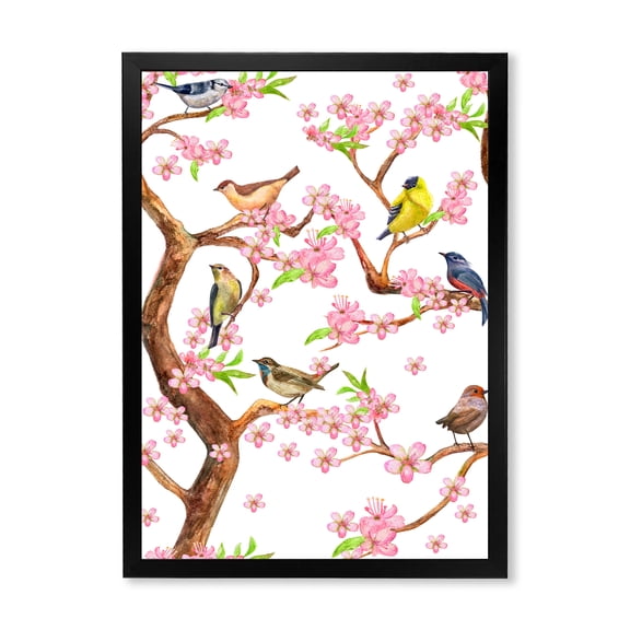 Colorful Little Birds On Spring Flowers Tree 12 in x 20 in Framed Painting Canvas Art Print, by Designart