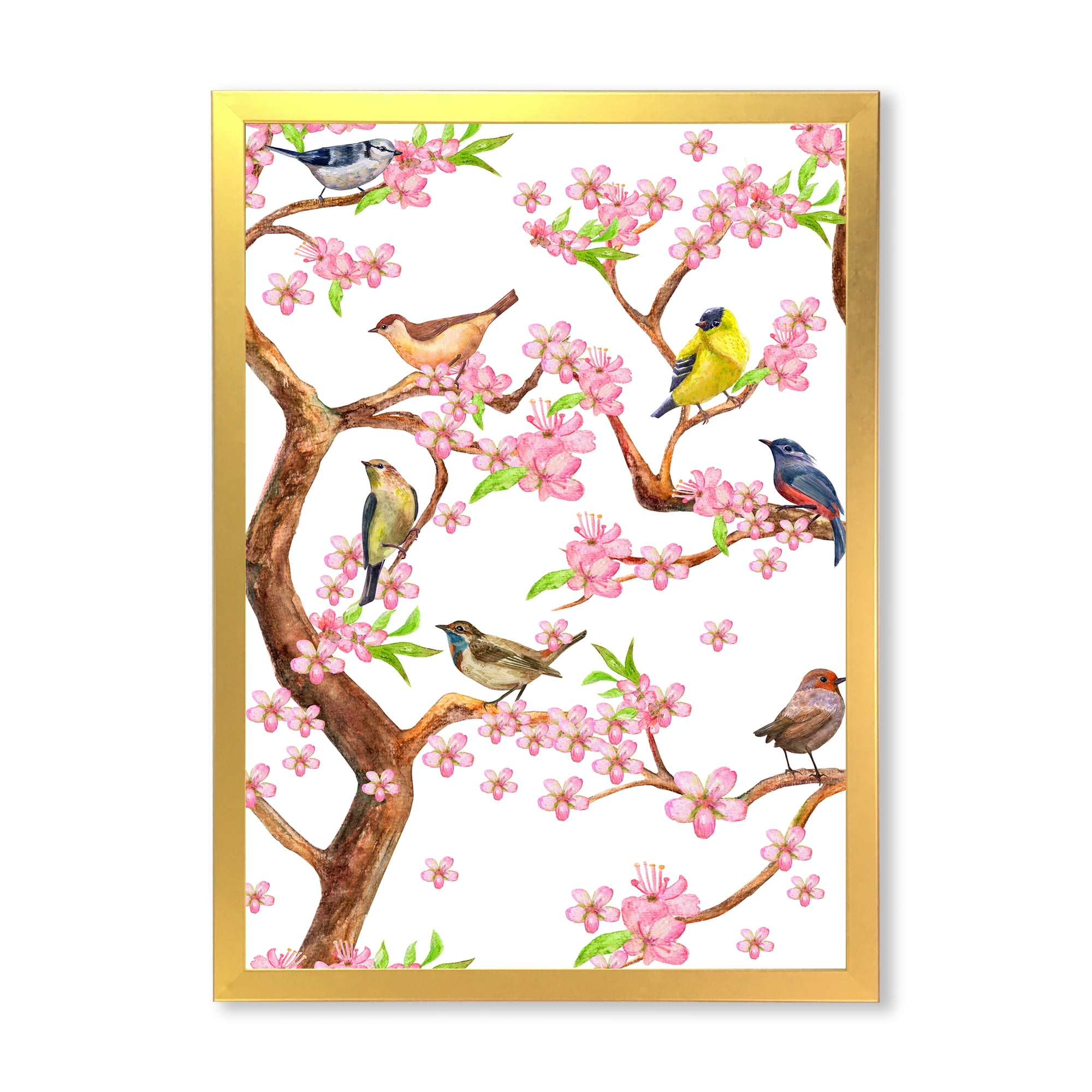 Colorful Little Birds On Spring Flowers Tree 16 in x 32 in Framed Painting Canvas Art Print, by Designart
