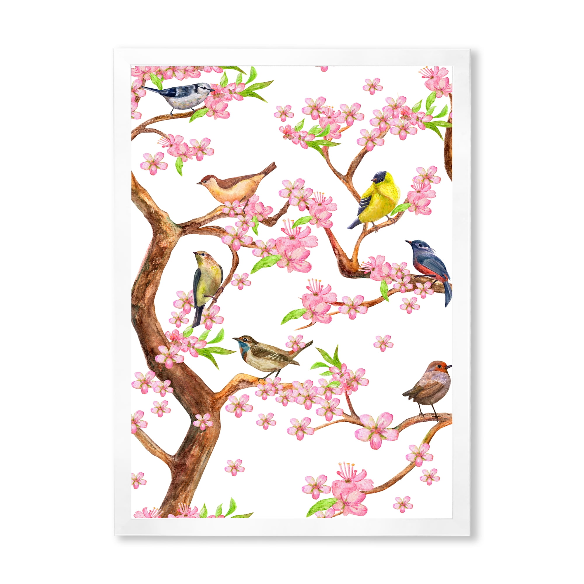 Colorful Little Birds On Spring Flowers Tree 30 in x 40 in Framed Painting Canvas Art Print, by Designart