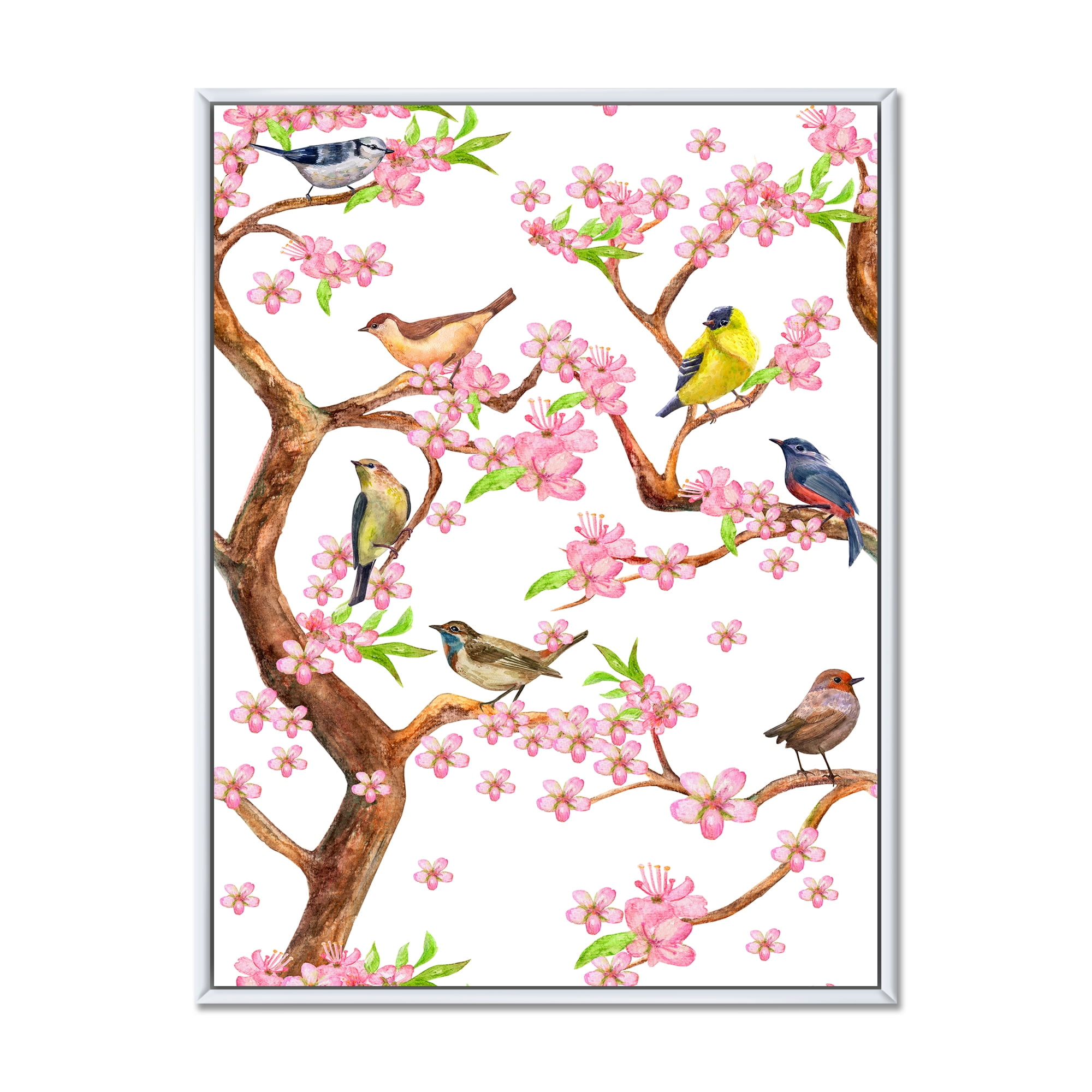 Colorful Little Birds On Spring Flowers Tree 30 in x 40 in Framed Painting Canvas Art Print, by Designart