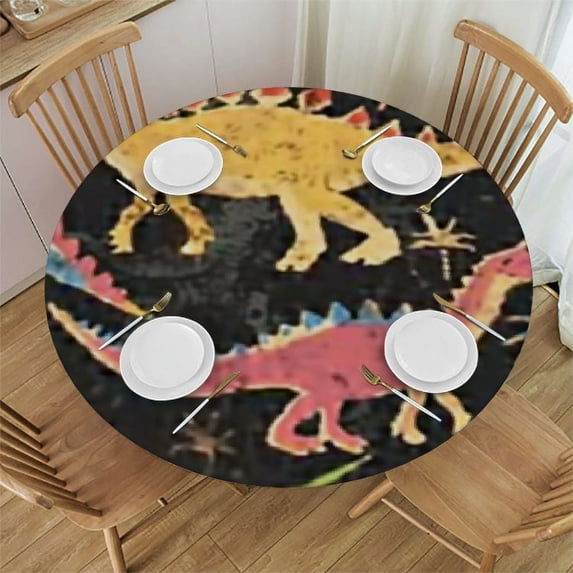 Colorful Little Dinosaurs Fitted Round Tablecloth Waterproof Table Cloth with Elastic Edge Wipe Clean Table Cover