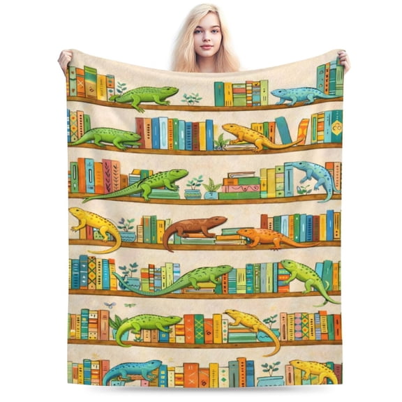 Colorful Lizard Bookshelf Throw Blanket, Whimsical Literary Art Decorative Blanket for Sofa Couch Bed 60x50