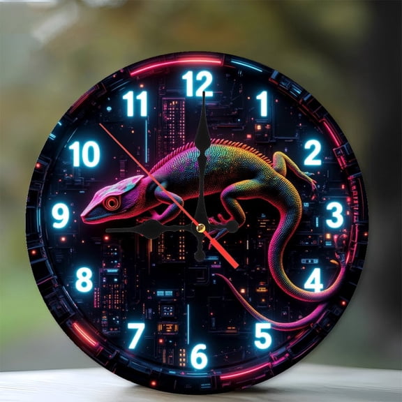 Colorful Lizard Clock 10-Inch Silent Wooden Wall Clock, Battery Operated (AA Batteries Not Included), Artistic Home Decor