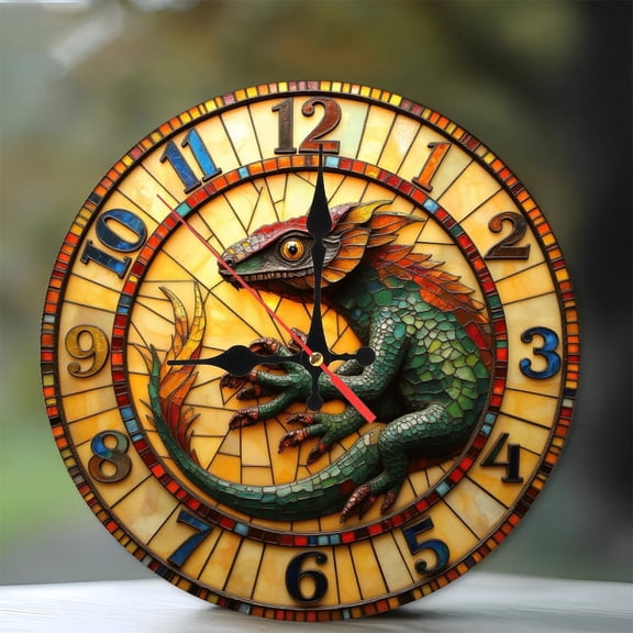 Colorful Lizard Decorative Table Clock with Glass 10-Inch Silent Wooden Wall Clock, Battery Operated (AA Batteries Not Included), Artistic Home Decor