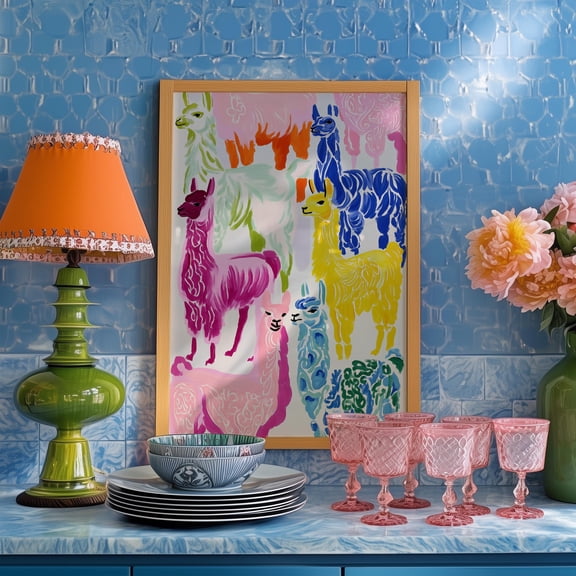 Colorful Llama Print Whimsical Alpaca Floral Wall Art, Poster Only