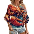 thumbnail image 1 of Colorful Lobster Illustration Women's V-Neck Blouse With 3/4 Ruffled Bell Sleeves Casual Top Ladies Blouses, 1 of 7