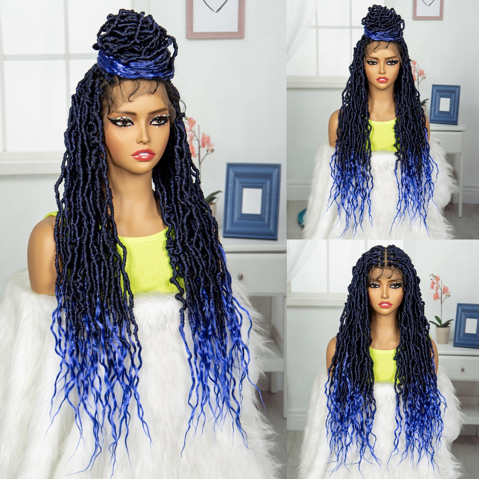 Colorful Locs Braided Wigs 36 Inches Full Double Lace Blue 