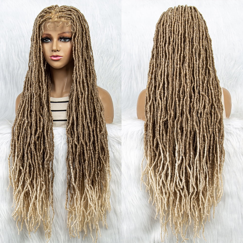Colorful Locs Braided Wigs 36 Inches Full Double Lace Golden Honey Square Knotless Dreadlock Braiding Wig with Baby Hair for Black Women Synthetic Lace Frontal Long Cornrow Box Braided Wigs