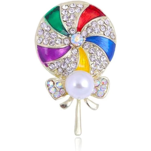Colorful Lollipop Brooch Pin for Women Sweet Rhinestone Candy Lapel Pins Pearl Sugar Badge Dress Suit Shirt Clothes Corsage Christmas Halloween Party Jewelry