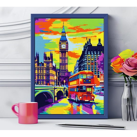 Colorful London Cityscape DIY 11CT Stamped Cross Stitch Kits for Beginners Easy Needlepoint Embroidery Counted Cross Stitch Art Craft for Wall Decoration 12x16inch(1)