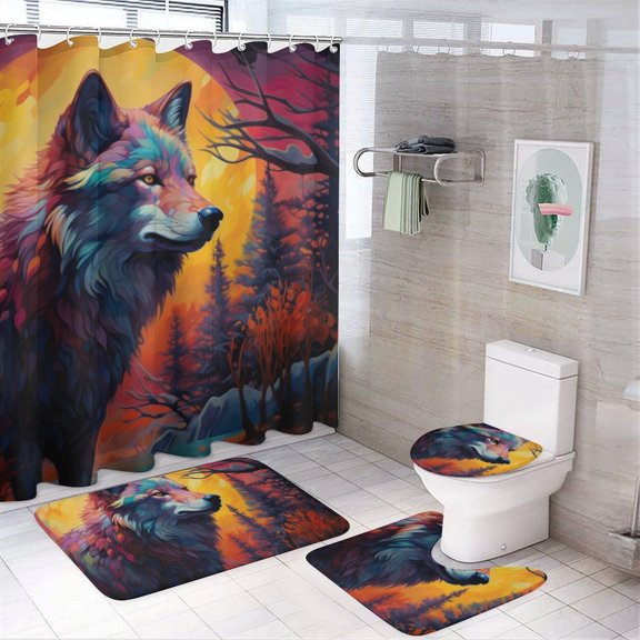 Colorful Lone Wolf 4 Piece Shower Curtain Sets, with Non-Slip Rugs, Toilet Lid Cover And Bath Mat, for BathroomDecorSet