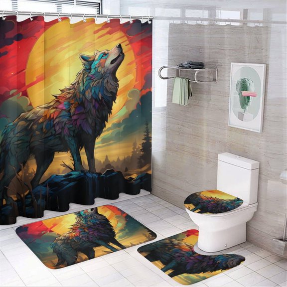 Colorful Lone Wolf 4 Piece Shower Curtain Sets, with Non-Slip Rugs, Toilet Lid Cover And Bath Mat, for BathroomDecorSet