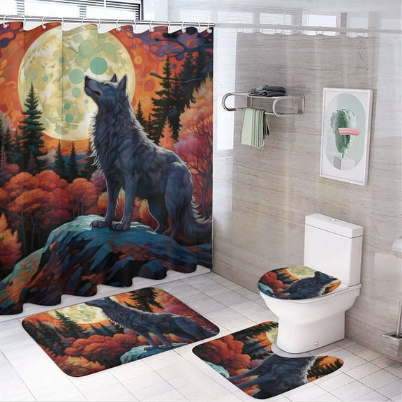 Colorful Lone Wolf 4 Piece Shower Curtain Sets, with Non-Slip Rugs, Toilet Lid Cover And Bath Mat, for BathroomDecorSet