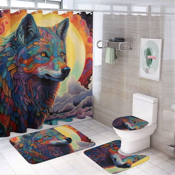 Colorful Lone Wolf Bathroom Sets with Shower Curtain And Rugs, Incl with 12 Hooks，Toilet Lid Oval Rug