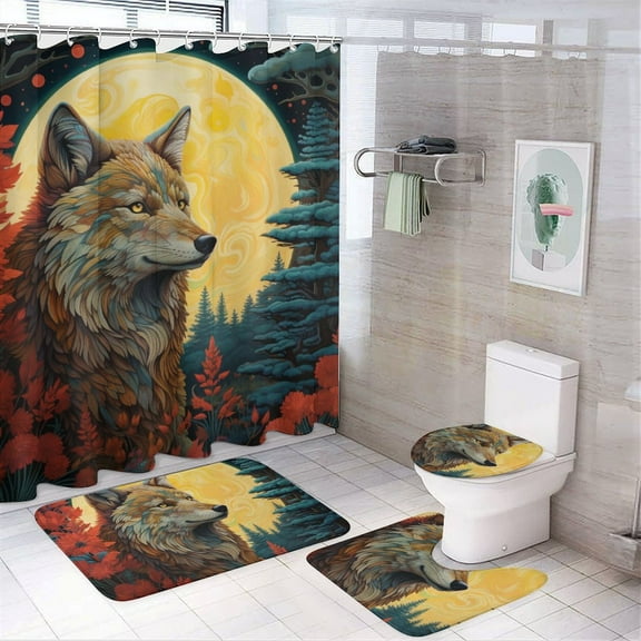 Colorful Lone Wolf Bathroom Sets with Shower Curtain And Rugs, Incl with 12 Hooks，Toilet Lid Oval Rug