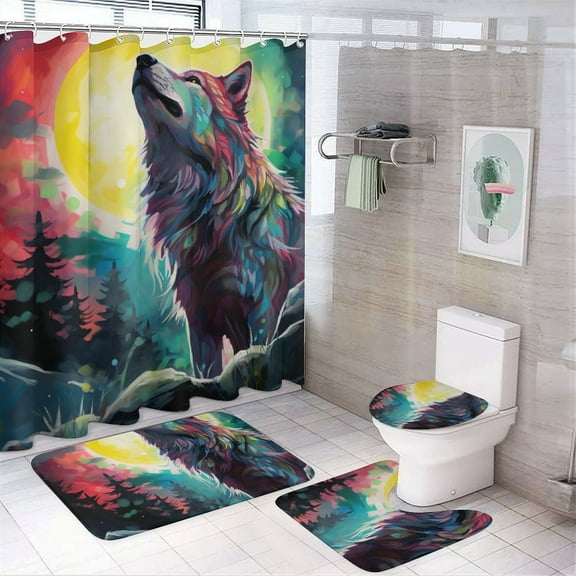 Colorful Lone Wolf Bathroom Sets with Shower Curtain And Rugs, Incl with 12 Hooks，Toilet Lid Oval Rug