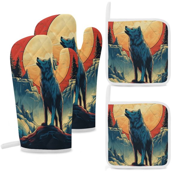 Colorful Lone Wolf Heat Resistant Microwave Oven Gloves Set for BBQ Baking Grilling,Baking Gifts Cooks for Women,Housewarming Gifts for New Home