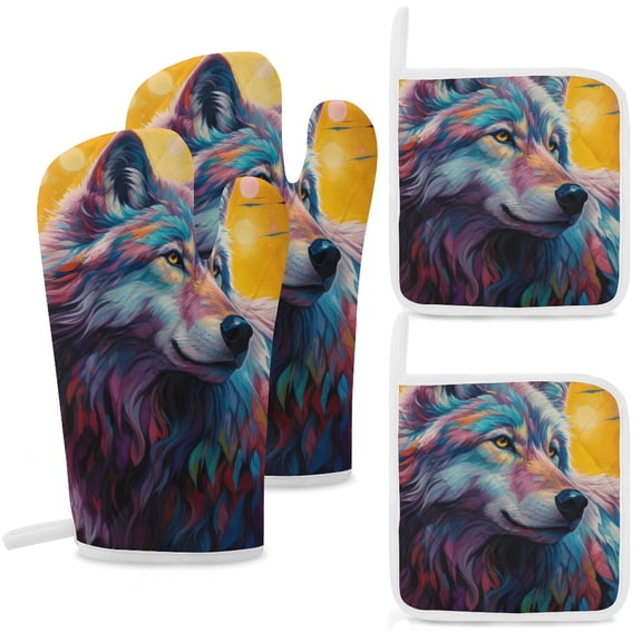 Colorful Lone Wolf Heat Resistant Microwave Oven Gloves Set for BBQ Baking Grilling,Baking Gifts Cooks for Women,Housewarming Gifts for New Home